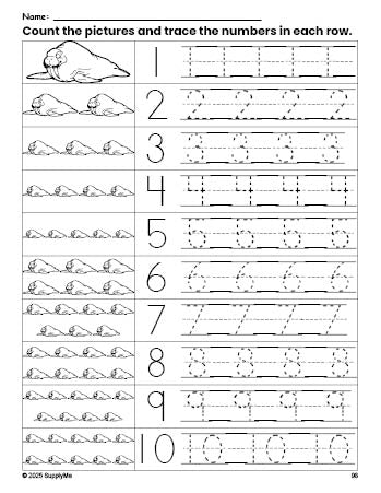 Free printable walrus counting worksheet for preschool and pre-k with number tracing practice 1-10, PDF