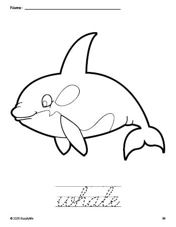 Free printable whale coloring page and cursive word tracing worksheet, perfect for preschool, pre-k, and kindergarten, PDF