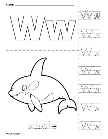 Free printable whale coloring page and letter tracing worksheet, letter w worksheet for preschool, pre-k, and kindergarten, PDF