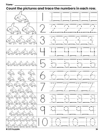 Free printable whale counting worksheet for preschool and pre-k with number tracing practice 1-10, PDF