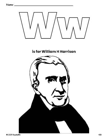 Free printable William H Harrison Presidents' Day coloring page, letter w coloring page for preschool, pre-k, and kindergarten, PDF