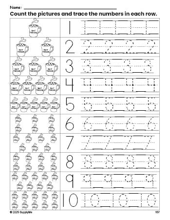 Free printable winter hot chocolate counting worksheet for preschool and pre-k with number tracing practice 1-10, PDF