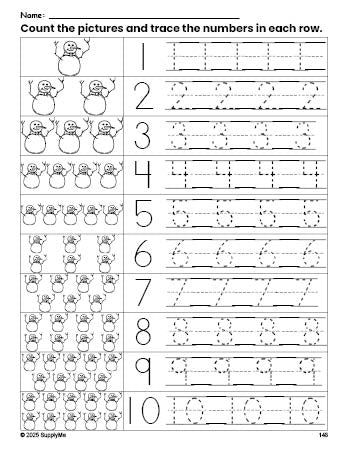 Free printable winter snowman counting worksheet for preschool and pre-k with number tracing practice 1-10, PDF