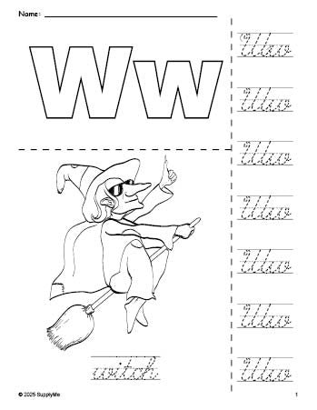 Free printable witch Halloween coloring page and cursive letter tracing worksheet, letter w worksheet for preschool, pre-k, and kindergarten, PDF