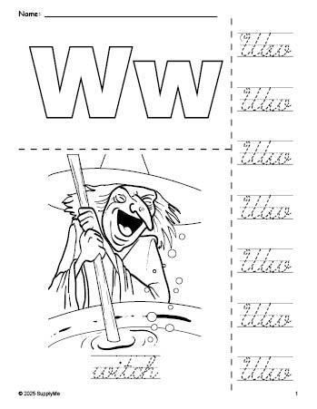 Free printable witch Halloween coloring page and cursive letter tracing worksheet, letter w worksheet for preschool, pre-k, and kindergarten, PDF