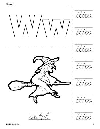 Free printable witch Halloween coloring page and cursive letter tracing worksheet, letter w worksheet for preschool, pre-k, and kindergarten, PDF
