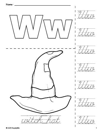 Free printable witch hat Halloween coloring page and cursive letter tracing worksheet, letter w worksheet for preschool, pre-k, and kindergarten, PDF