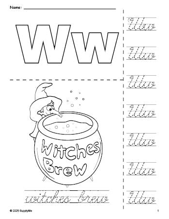 Free printable witches brew Halloween coloring page and cursive letter tracing worksheet, letter w worksheet for preschool, pre-k, and kindergarten, PDF