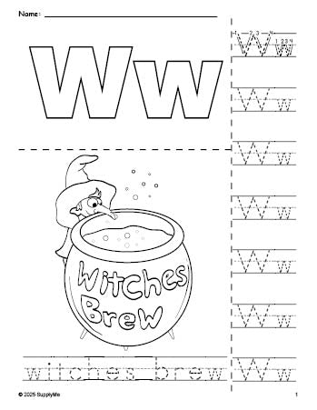 Free printable witches brew Halloween coloring page and letter tracing worksheet, letter w worksheet for preschool, pre-k, and kindergarten, PDF
