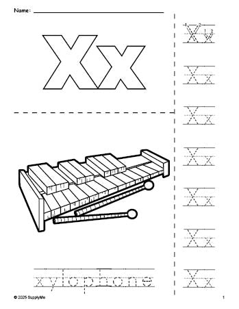 Free printable xylophone coloring page and letter tracing worksheet, letter x worksheet for preschool, pre-k, and kindergarten, PDF