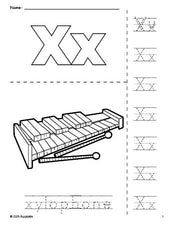 Free printable xylophone coloring page and letter tracing worksheet, letter x worksheet for preschool, pre-k, and kindergarten, PDF