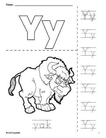 Free printable yak coloring page and letter tracing worksheet, letter y worksheet for preschool, pre-k, and kindergarten, PDF