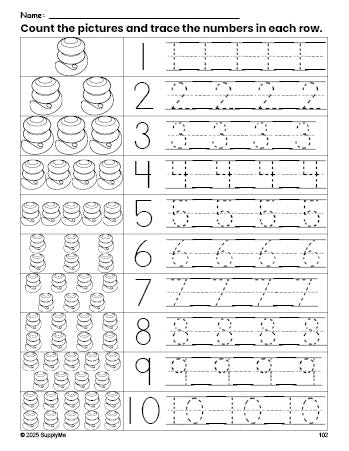 Free printable yo yo counting worksheet for preschool and pre-k with number tracing practice 1-10, PDF
