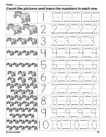 Free printable zebra counting worksheet for preschool and pre-k with number tracing practice 1-10, PDF