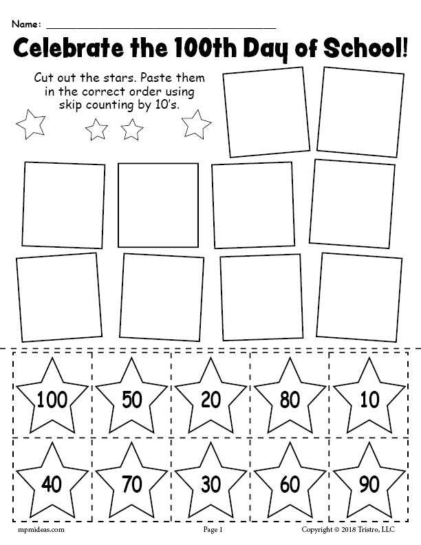 FREE Printable 100th Day of School Skip Counting By 10's Worksheet!
