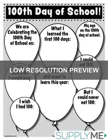 Printable 100th Day of School Writing Activity