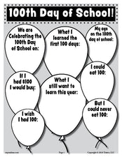 FREE Printable 100th Day of School Writing Activity