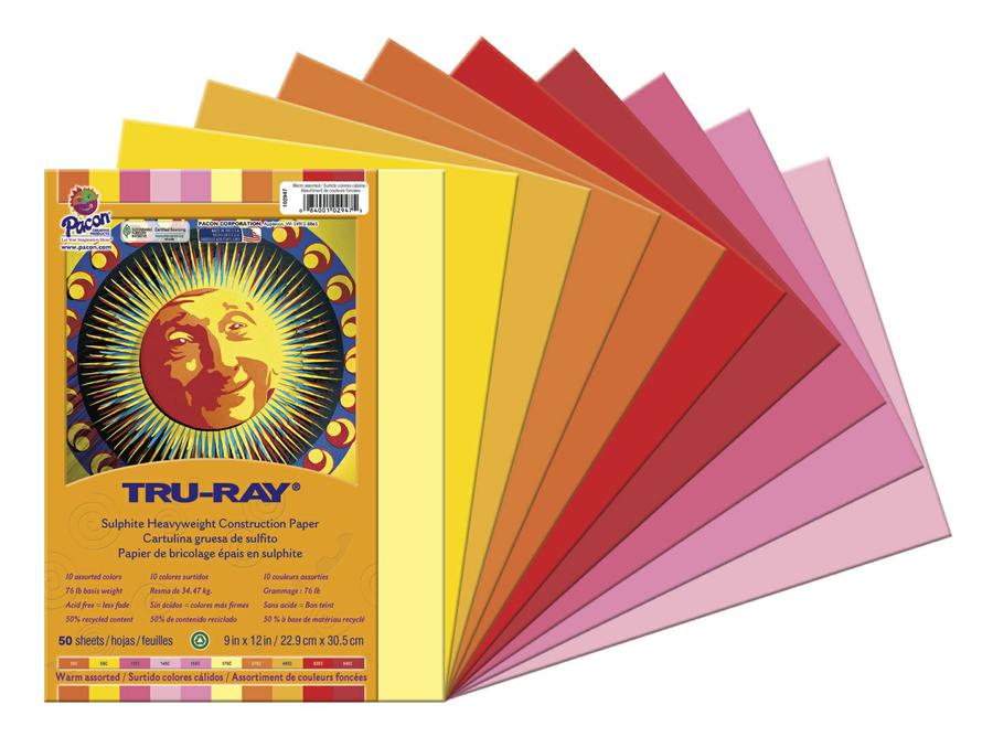 Pacon Tru-Ray Construction Paper - 12 x 18, Assorted Hot Colors, 50 Sheets