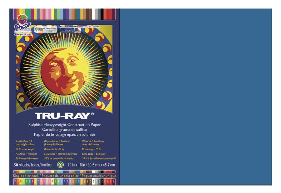 Pacon Tru-Ray Construction Paper, Blue, 76 lb, 9 x 12 - 50 pack