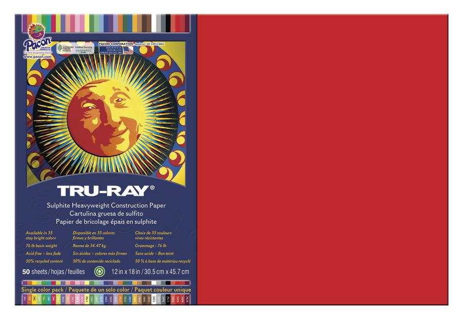 Pacon Tru-Ray Construction Paper, 76lb, 12 X 18, Holiday Red, 50