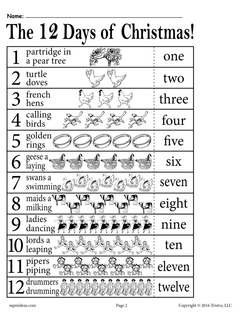 "12 Days of Christmas" Number Recognition Worksheet!