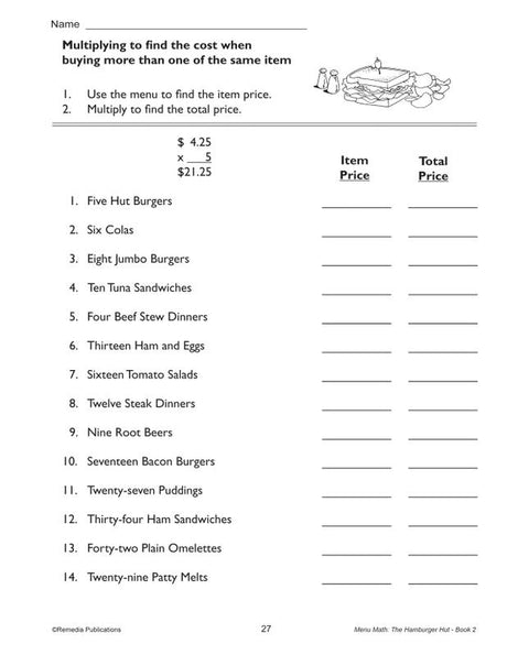Remedia Publications Real Life Math Series: Menu Math The Hamburger Hut Multiplication & Division Activity Book