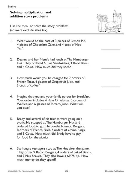 Remedia Publications Real Life Math Series: Menu Math The Hamburger Hut Multiplication & Division Activity Book