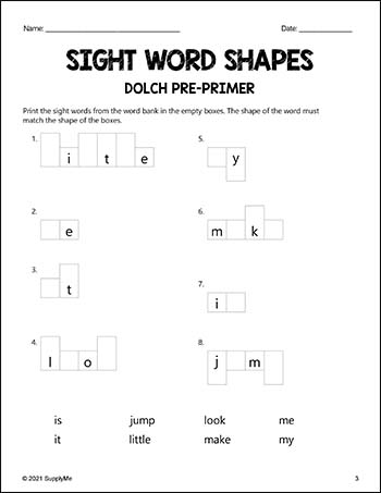 Pre-Primer Dolch Sight Words Worksheets - Word Shapes, 3 Variations, Pre-K