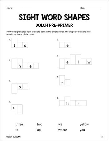 Pre-Primer Dolch Sight Words Worksheets - Word Shapes, 3 Variations, Pre-K