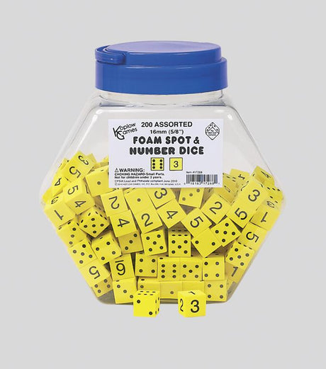16mm Foam Dice Tub Of 200 Yellow Spot & Number