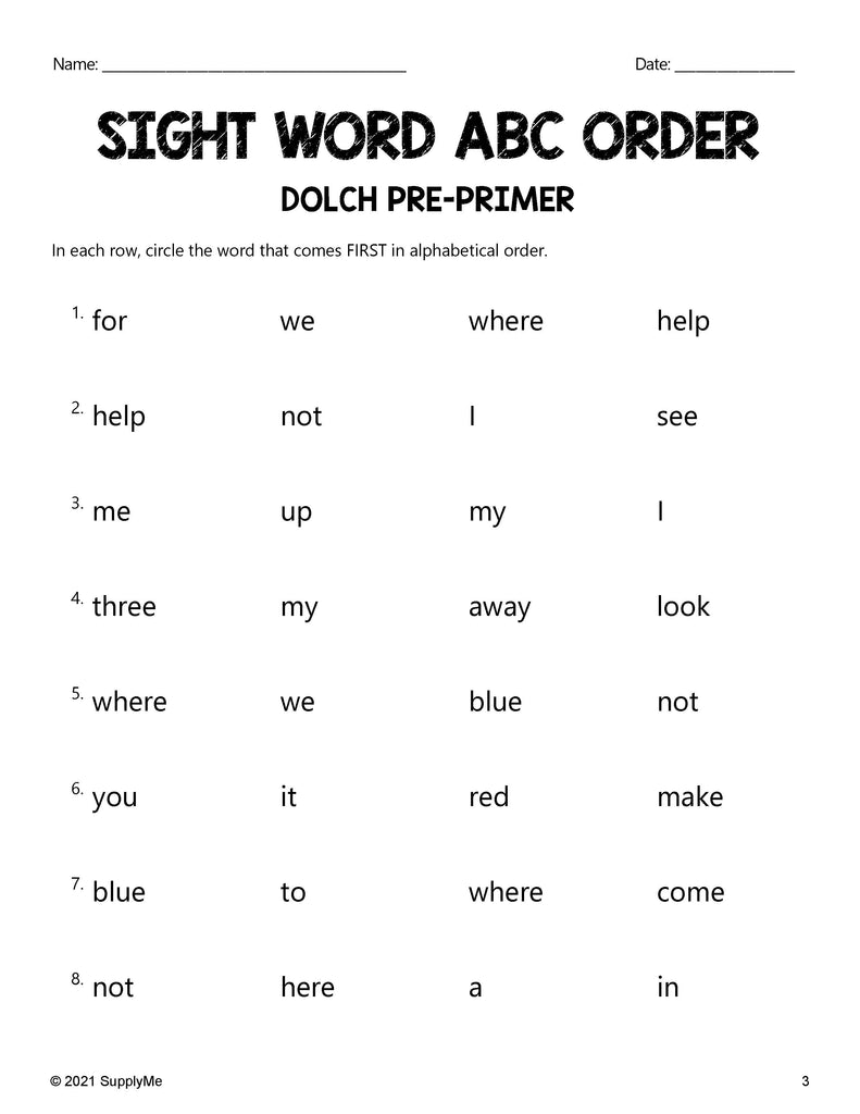 Pre-Primer Dolch Sight Words Worksheets - ABC Order, Pre-K
