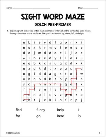 Pre-Primer Dolch Sight Words Worksheets - Sight Word Maze, Pre-K