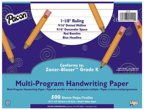 Handwriting Paper, 10 1/2" x 8", 1 1/8" Ruled Long Way, 500 Sheets