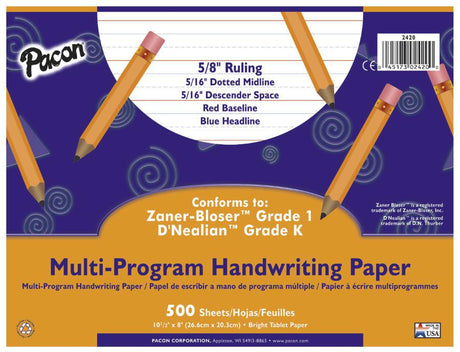 Handwriting Paper, 10 1/2" x 8", 5/8" Ruled Long Way, 500 Sheets