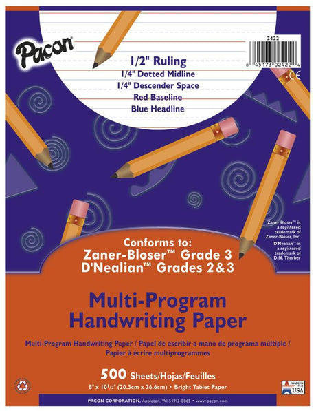 Handwriting Paper, 8" x 10 1/2", 1/2" Ruled Short Way, 500 Sheets