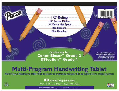 Handwriting Paper, 10 1/2" x 8", 1/2" Ruled Long Way, 40 Sheets