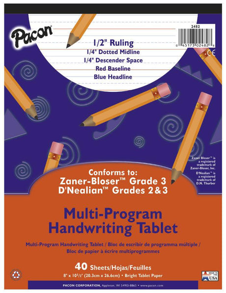 Handwriting Paper, 8" x 10 1/2", 1/2" Ruled Short Way, 40 Sheets