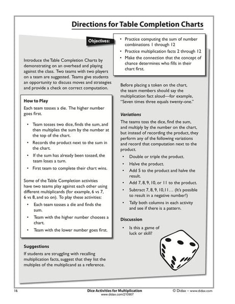 Dice Activities for Multiplication