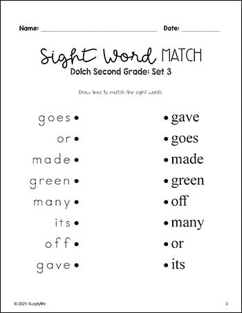Second Grade Sight Word Worksheets - Sight Words Matching, 4 Variations,  All 46 Dolch 2nd Grade Sight Words, 27 Total Pages