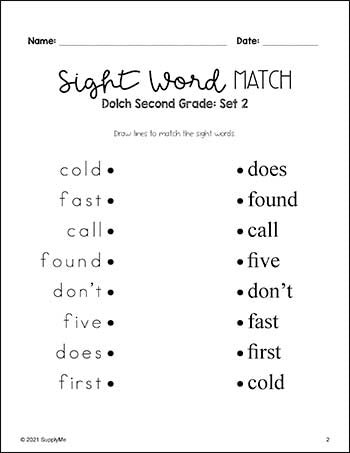 Second Grade Sight Word Worksheets - Sight Words Matching, 4 Variations,  All 46 Dolch 2nd Grade Sight Words, 27 Total Pages
