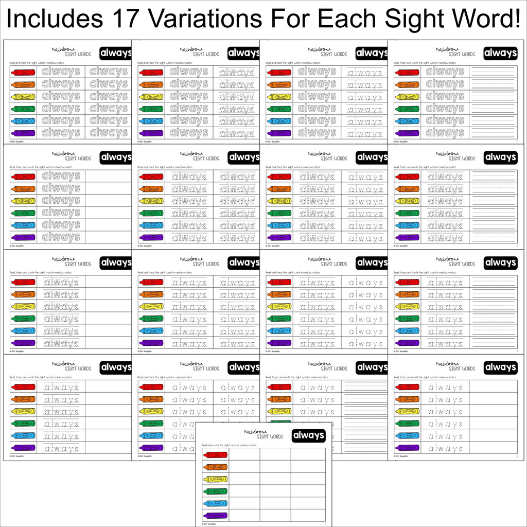 Second Grade Sight Words Worksheets - Rainbow Sight Words, 17 Variations, All 46 Dolch 2nd Grade Sight Words, 782 Total Pages