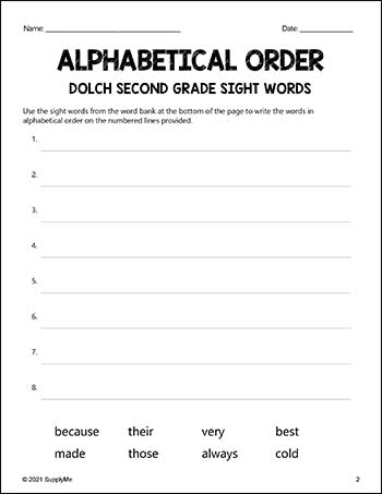 Second Grade Sight Words Worksheets - Alphabetical Order, All 46 Dolch 2nd Grade Sight Words