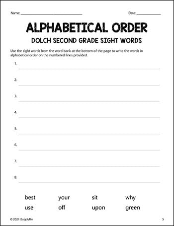 Sight Words Worksheets - Alphabetical Order, All 220 Dolch Sight Words, Grades PreK-3