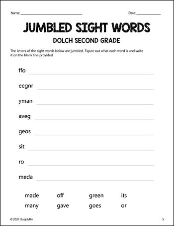 Second Grade Sight Words Worksheets - Word Jumbles, All 46 Dolch 2nd Grade Sight Words
