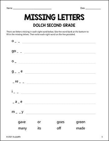Second Grade Sight Words Worksheets - Missing Letters, All 46 Dolch 2nd Grade Sight Words