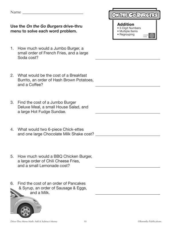 Remedia Publications Drive-Thru Menu Math Activity Book: Add & Subtract ...