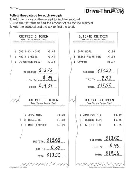 Remedia Publications Drive-Thru Menu Math Activity Book: Add & Subtract Money