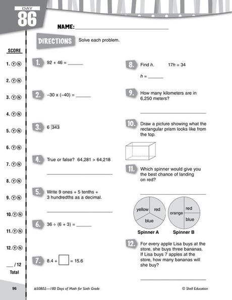 180 Days Of Math, 6th Grade