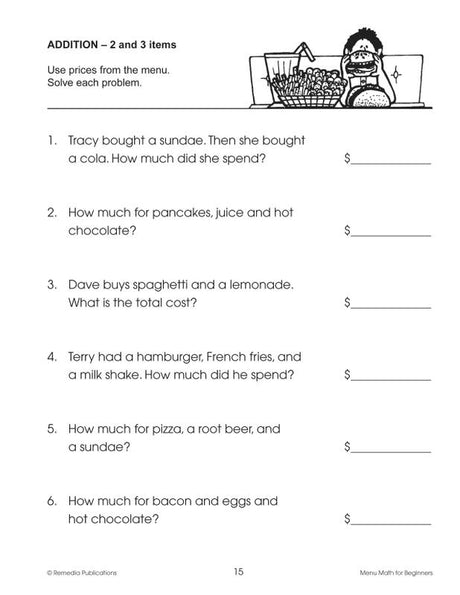 Remedia Publications Real Life Math Series: Menu Math For Beginners Activity Book