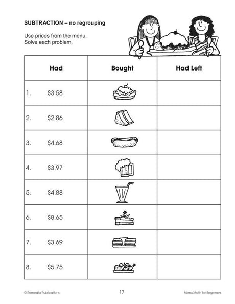 Remedia Publications Real Life Math Series: Menu Math For Beginners Activity Book